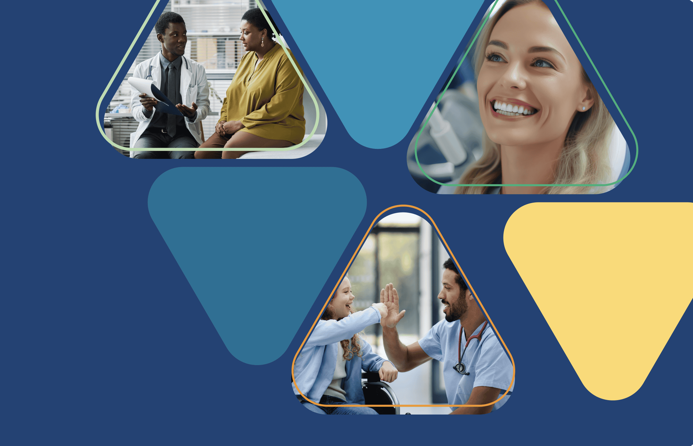 HTQ logo with photos of people working in a hospital settings masked by the logo