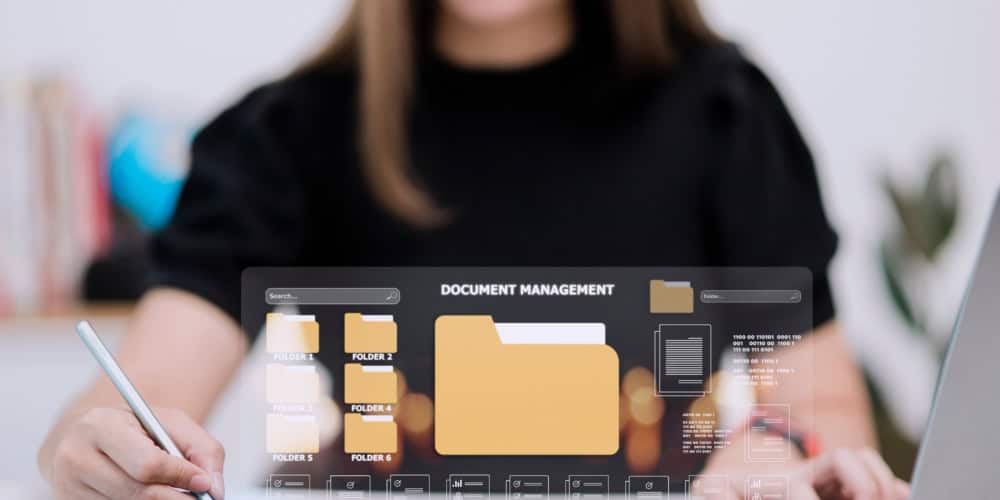 Document management concept. Virtual screen icons Document Management System (DMS) Online document database, software for efficient archiving, searching and management of company files and data.